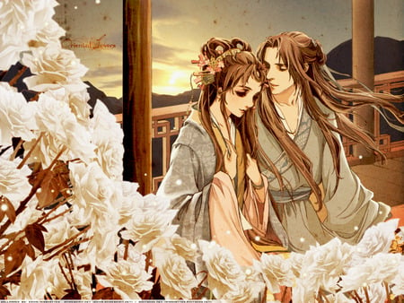 Oriental Lovers - anime, oriental lovers, female, kapanese clothes, girl, kimono, brown hair, long hair, man, male, flowers, boy, woman, sky