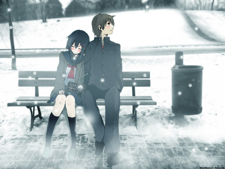 Cold day - blush, winter, cute, earphones, sweet, anime, romance, girl, bench, radio, snow, boy, cold