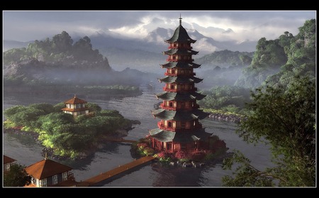 chinese pagoda - chinese, lake, mountains, pagoda