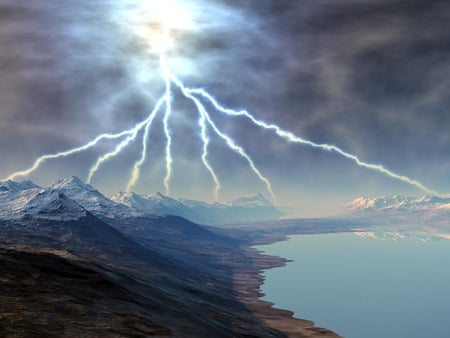 Lightening Mountain - nature, mountains, lake, lightening