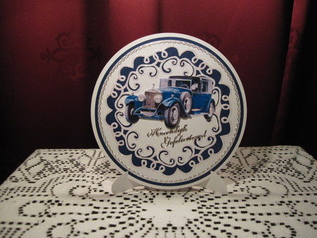 car hande made card on a standard - blue car, 3d, cut, hand made card, pricked