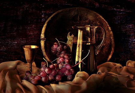 in vino veritas - grapes, still life, silk, wine