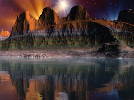 Desert Cliffs In Space - cliffs, space, lake, desert