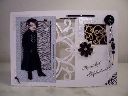 Gothic man card - gothick man, glitter glue, cut open, wallpaper, beads, hand made card