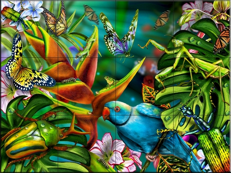  birds and butterflies - butterfly, flowers, tiles, parrots