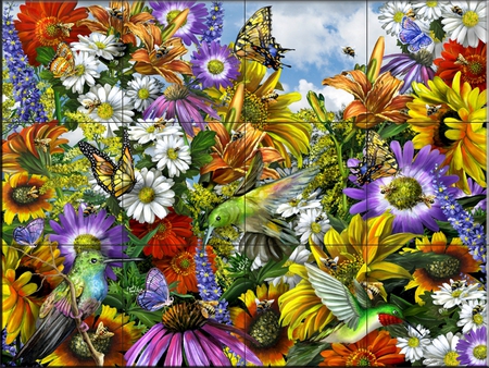 flowers in tiles - flowers, mural, nature