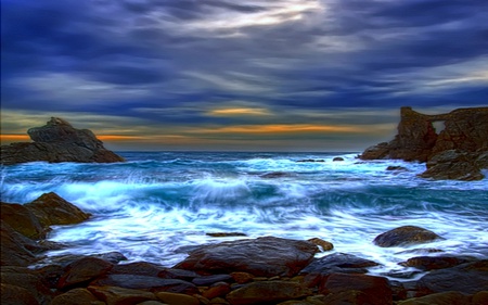 The Blue - shinny, breezing, rocks, wave, clouds, ocean