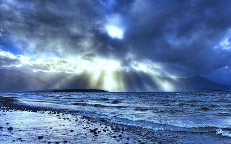 The Guessing - beach, clouds, blue, light, island, ray, wave