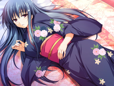 Yukata - sexy, bed, blushing, long hair, blue hair, yukata, anime, blush, kimono, cute