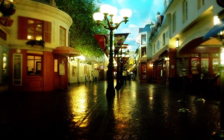 Romantic Place - romantic, romance, night, path, rain, nice, way, house, lanterns, road, city, colors, architecture, rainy, lights, alley, town, evening, splendor, reflection, walk, dark, view, shops, houses, sky, clouds, beautiful, lovely, lantern, street, dusk, peaceful