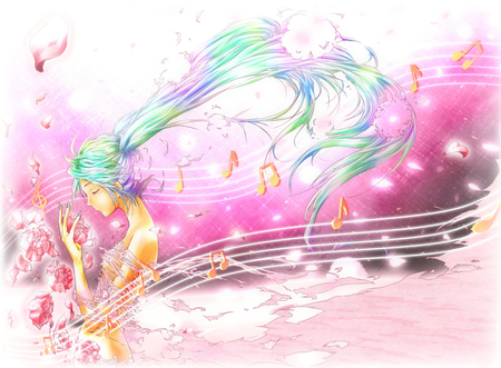 miku - music, sketch, colorful, anime, miku hatsune, sad, miku, petals