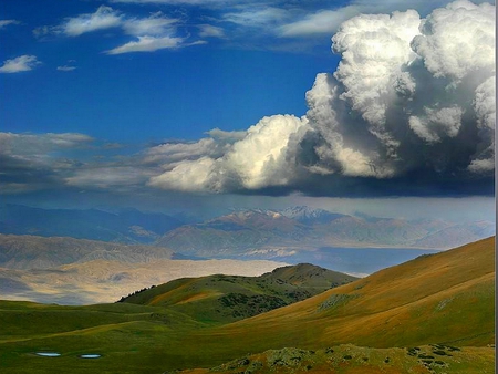 GREEN HILLS AND VALLEY - clouds, hills, waterholes, moss, grass, field, valley