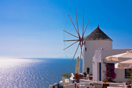 My country - blue, sea, oia, santorini, white, view, greece, windmill, sky