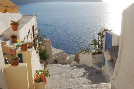 My country - house, sea, home, santorini, village, islands, flowers, view, houses