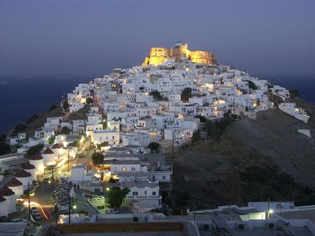 Greece - village, hill, greece, island, astypalea, night, castle