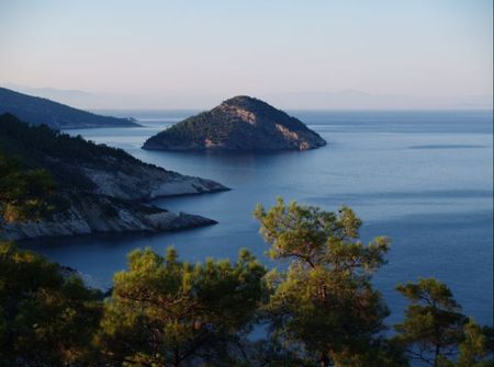 Seashores and a small island.. - trees, view, greece, sea, thasos island, mountain