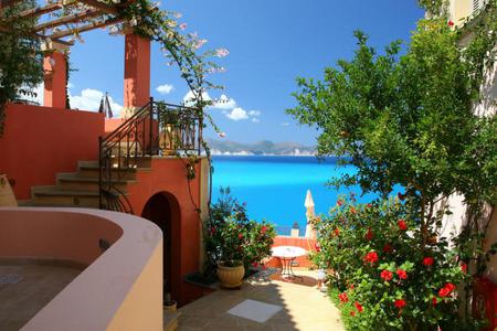 Nice house - flowers, greece sea, trees, blue, beach, garden, island