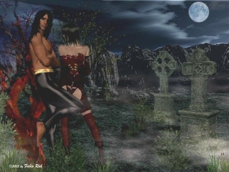 Graveyard Couple - moon, woman, couple, full moon, man, clouds, night, tombstones