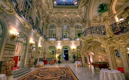 The Opera - tables, carpet, gallery, chairs, flowers, hall, lights, vase