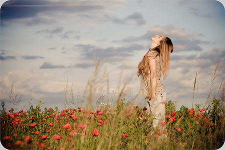 Pretty girl - poppies, female, beautiful, photography, girl, woman, model, face, field, sky