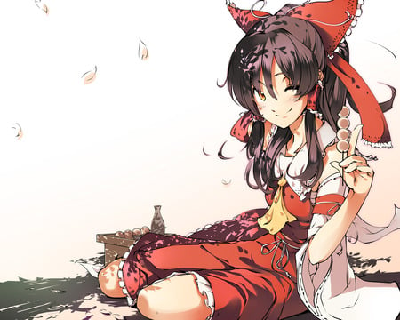 Hakurei Reimu - yellow eyes, sexy, girl, ribbons, long hair, hakurei reimu, brown hair, touhou, wing, anime, japanese clothes, cute