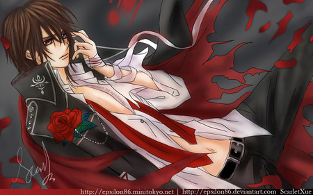 Kuran Kaname - blood, anime, kuran kaname, brown hair, man, red eyes, male, short hair, boy, vampire, rose, vampire knight