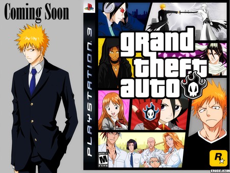 Grand Theft Auto - tie, anime, long hair, white hair, short hair, group, red hair, blue hair, byakoya, bleach, rukia, black eyes, blue eyes, ribbons, yellow eyes, sword, ichigo, petals, suit, orihime, glasses, grand theft auto, gloves