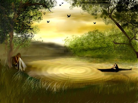 LONELY WITHOUT YOU - hills, birds, pond, boat, girl, alone, forest, drawing, sad, lake