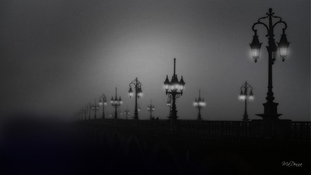 Foggy Stroll - dark, night, fog, bridge, widescreen, lights