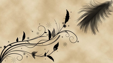 Feather and Flora - widescreen, flowers, abstract, vines, feather, parchment, leaves