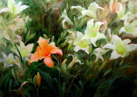 Stand Out - white, art, peach, day lilys, orange, lilys, flowers, garden