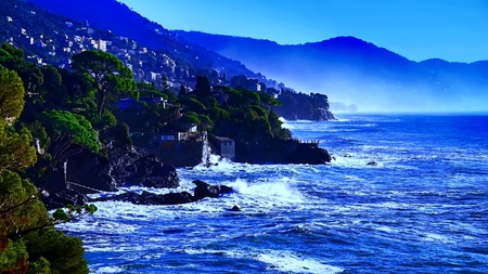 Mist Breezing Wave Echoing - wave, houses, island, trees, mountain, blue