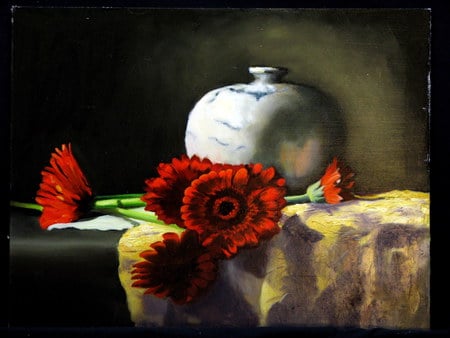 Crimson Contrast - vase, crimson, cloth, still life, flowers, gerberas, daisies, white, red, art, gerbera