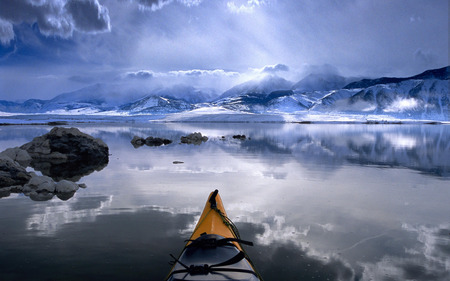 Winter Desktop Wallpaper - winter, blue, mystical, beautiful, snow, landscape, skies, nature, lake, mountains, sun, sky, canoe