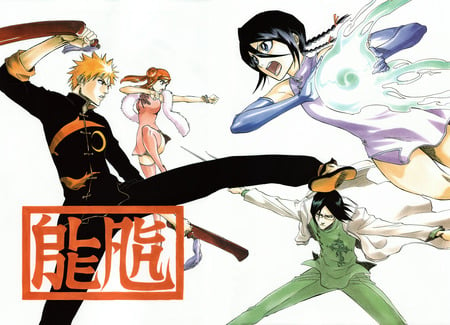 Bleach - kurosaki ichigo, rukia, glasses, bleach, brown eyes, blue eyes, braids, ishida uryuu, black hair, gloves, inoue orihime, orange hair, weapon, sword, short hair, black eyes