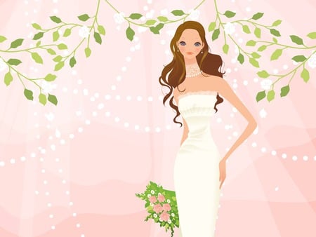 The bride - woman, wedding, pink, leaves, dress, flower