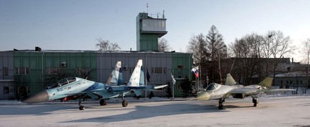 Su 35UB (Su 27UM) side by side with T 50 - su-35ub, su-27um, sukhoi, jet, t-50, pak-fa, fighter