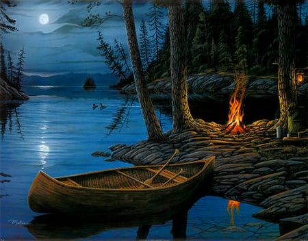 CAMP FIRE - river, trees, boat, ashore, night, moon light, campfire