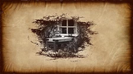 Garden Cottage Series #4 - widescreen, flowers, window, old, collage, parchment, antique