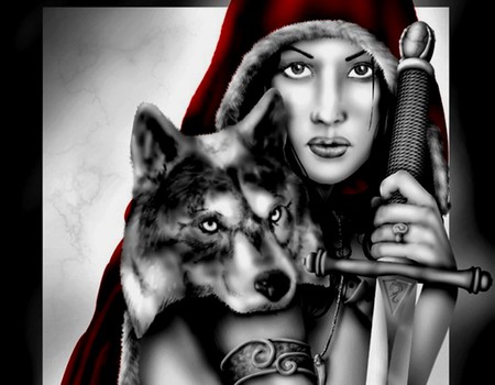 cazador cazado - black and white, red, wolf, girl