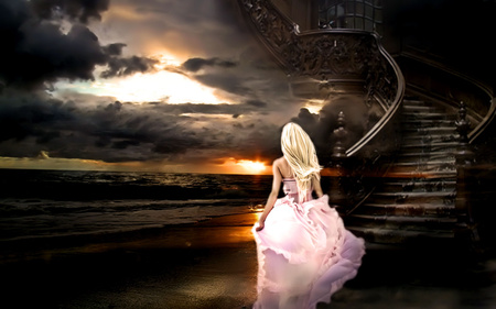 Dark sunset - clouds, beach, dress, girl, sea, pink, dark, black, stairs, sunset, lady, sun, sky