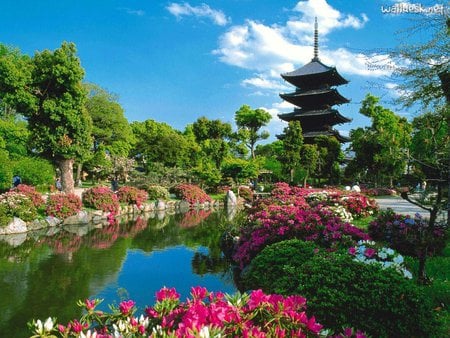 Toji temple - nice, lake, trees, serene, water, japanese, clouds, flowers, temple, pond, grasss