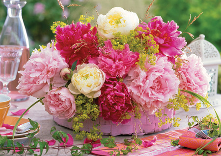 Spring centerpiece - roses, glass, still life, carnations, peonies, yellow, pink, table, refreshing, leaves