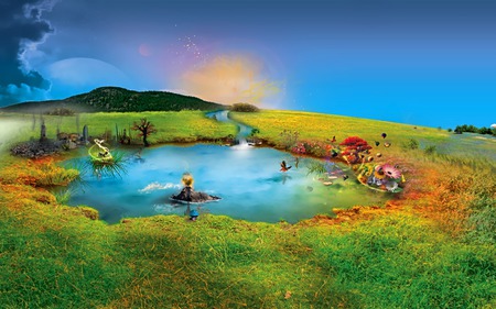 Fantasy World Of Wonder - mountain, stream, sphere, fantasy, balloon, butterfly, abstract, flowers, grass