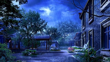 Rhythm Of Rain - house, trees, driveway, rain, flower, sky, bridge