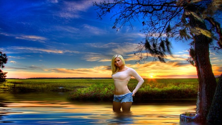 Beauty At River Sunset - beauty, sky, pretty, clouds, ray, tree, sunset, grass