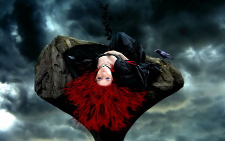 A moment suspended in time - dreams, woman, sky, female, eyes, darkness, gothic, black, storm, face, dark, clouds, rock, dreamer, stone, girl, blue eyes, goth, night, red hair, bird, red, blue, beautiful, memories