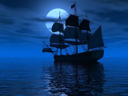 night sailer  1024 x768. jpg - ship, moon moonrise, water, clouds