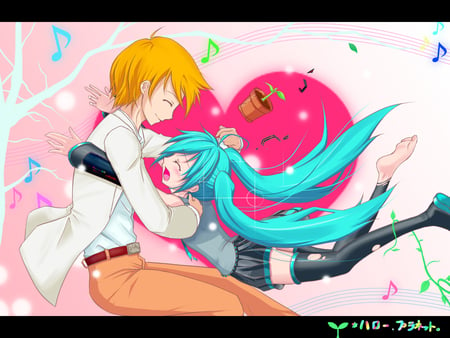 Please hold me - love, hatsune miku, tears, sexy, girl, twintails, blue eyes, long hair, blue hair, blonde hair, boy, vocaloid, anime, cute, short hair