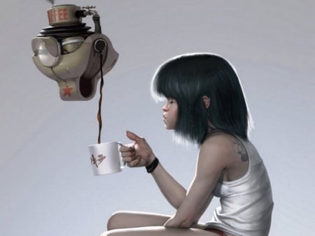 Mexico despierta con un cafe - girl, white, robots, coffe